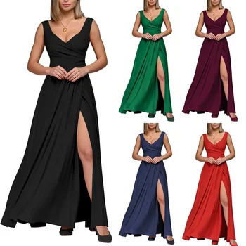 Girls summer Europe and the United States new solid color sleeveless waist group dress long dress