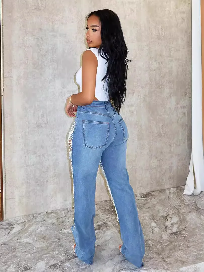 Hollow Out Pearl Patchwork Unique Design Cotton Custom Washed Stretched Ripped Pants Ladies Casual Denim Jeans Trouser for Women