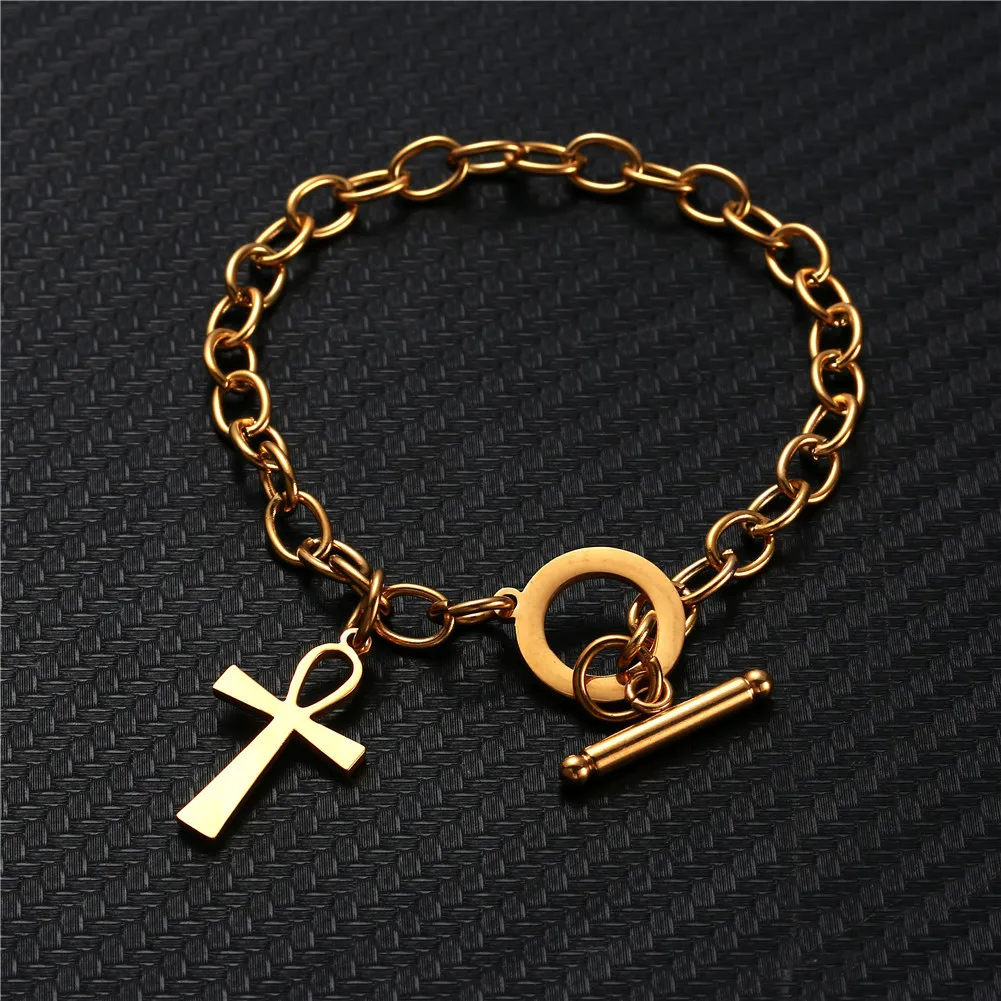 Stainless Steel Chain OT Clasp Toggle Bracelet Purse Dollar Symbol Ankh Charm Bracelet for Women Men Cross Jewelry