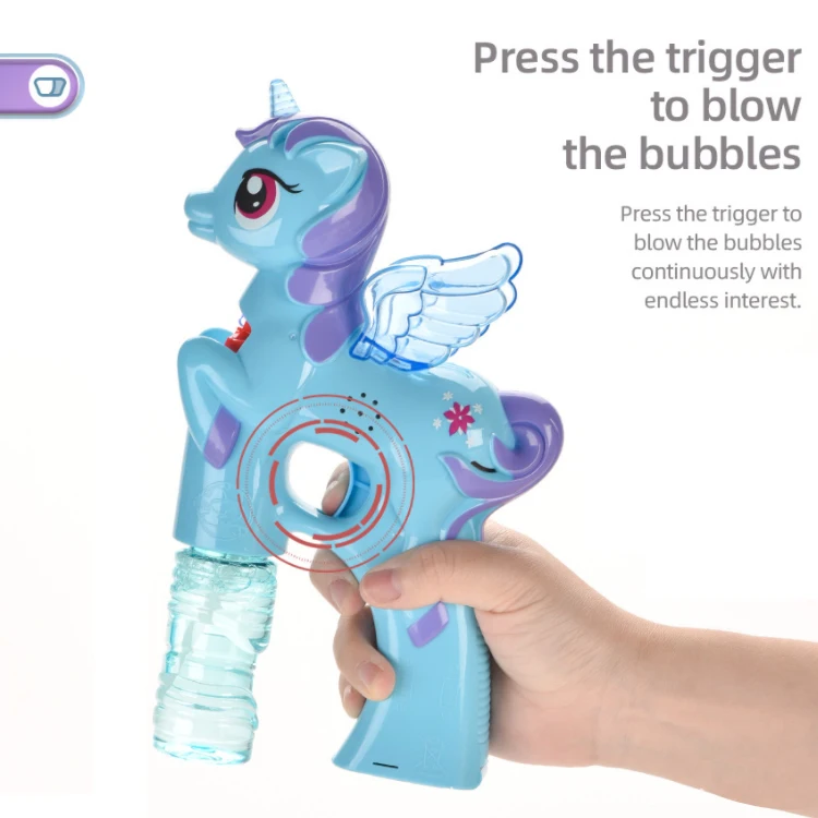 Бластер с изображением единорога со светом и звуком включает в себя 1 пузырьковый пистолет 2 бутылки Пузырькового решения для девочек