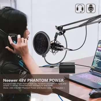 Neewer US Plug 110V 1-Channel 48V Phantom Power Supply+Adapter+XLR 3 Pin Mic Cable for Condenser Microphone Recording 8 Feet detail image