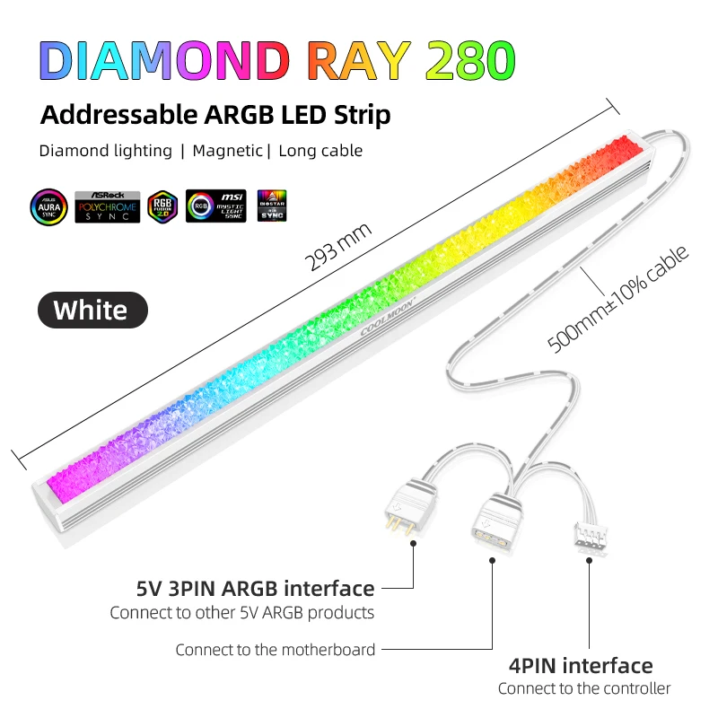COOLMOON Diamond Ray 280mm Addressable 5V ARGB led strip Motherboard SYNC color Magnetic LED light bar for computer case