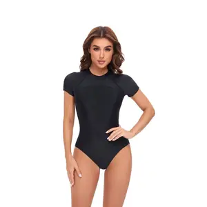 Custom Logo New Color One-Piece Sexy Strapping Women's Swimsuit Short Sleeve Beachwear Print Appliques