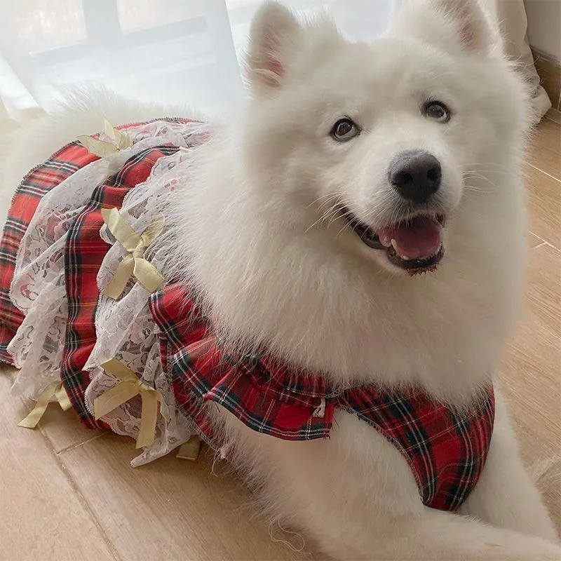 Dog Clothes Pet Dress Red Plaid Lace for Samoyed Labrador Medium and Large Dogs Dog Clothes Pet Dress Red Plaid Lace for Samoyed Labrador Medium and Large Dogs