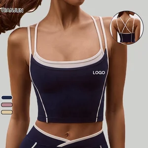 Sexy Lightweight Plus Size Contrast Color Faux Two-Piece Halter Sports Bra & Tank Top Fitness Set for Women