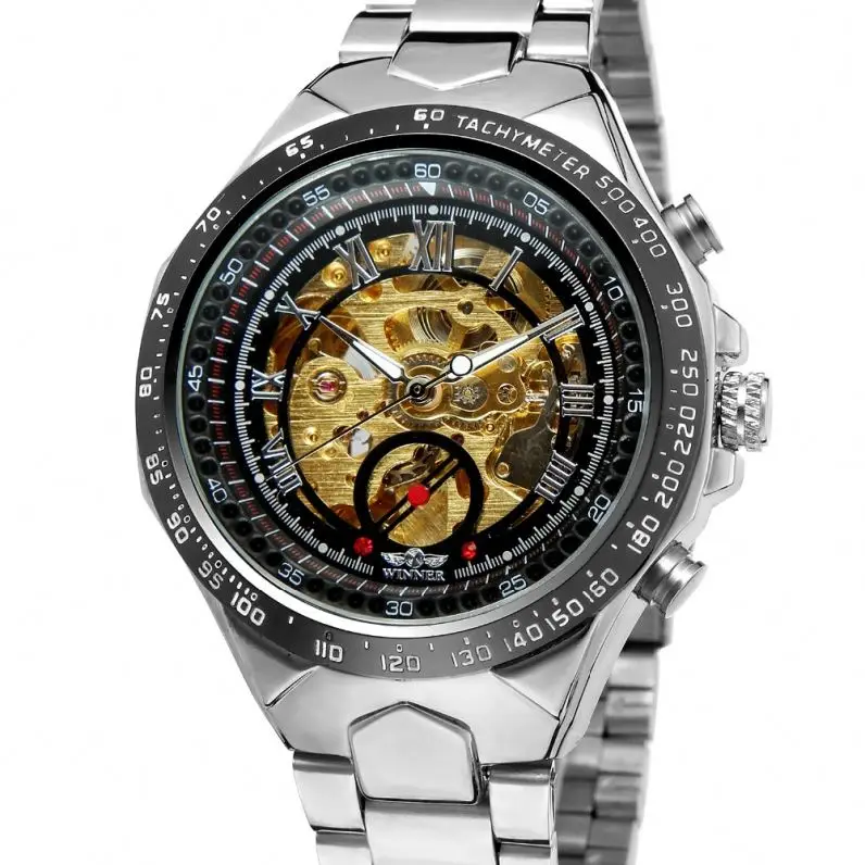 WINNER 8067 Fancy Silver Men Mechanism Watch Super Steel Strap Waterproof Full Automatic Gear Advertising Watch Design