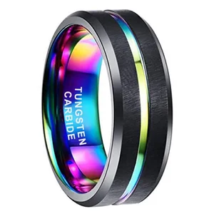 Coolstyle Jewelry 8mm Black Rainbow Tungsten Carbide Ring for Men Women Engagement Band Beveled Edge Grooved Matte Comfort Fit