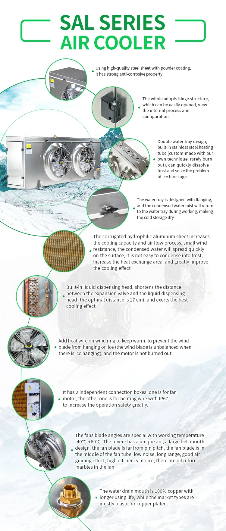 304 Stainless Steel Cold Room System Heater Defrost Evaporator 220v 60hz 3phase Refrigeration Air Cooler