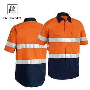 OEM Custom High Visibility Orange Mechanic Construction Mining Workwear Cotton Men Reflective Safety Clothing Hi Vis Work Shirt