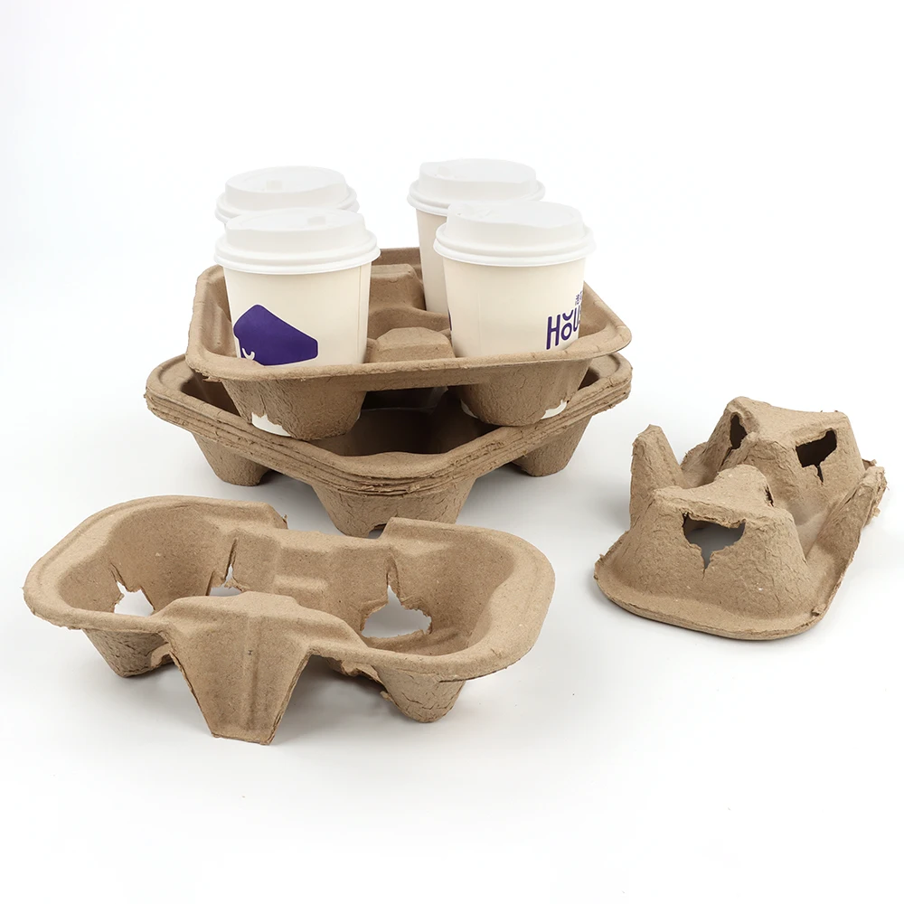 Sugarcane Bagasse Cup Holder Custom Corrugated Disposable Paper Cup Holder Tray Wholesale Recyclable Beverage Carrier Takeaway