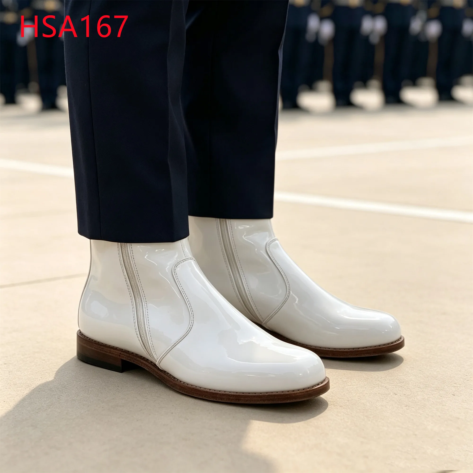 LXG,Brunei Popular Goodyear Leather Sole Hua Singh Men Leather Shoes Professional Office 8'' White Uniform Shoes with Zip HSA167