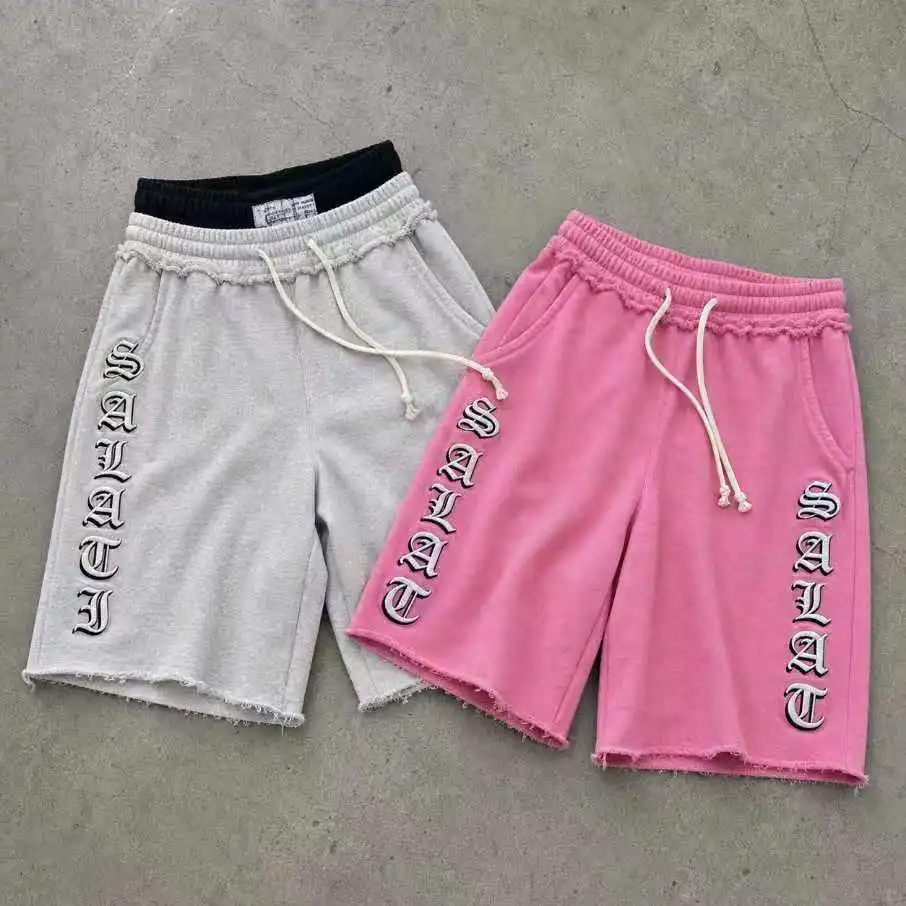 Wholesale Washed Cotton Terry Drawstring Shorts Raw Hem Baggy Streetwear Summer Embroidered Letter Fashion Men Sweat Shorts