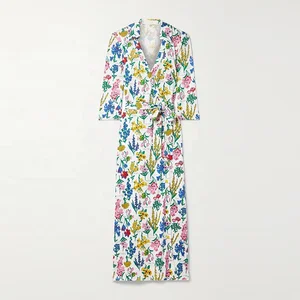 Clothing Manufacturer Custom Spring Summer Polo Collar Long Sleeve Casual Women Printed Silk Midi Wrapped Dress