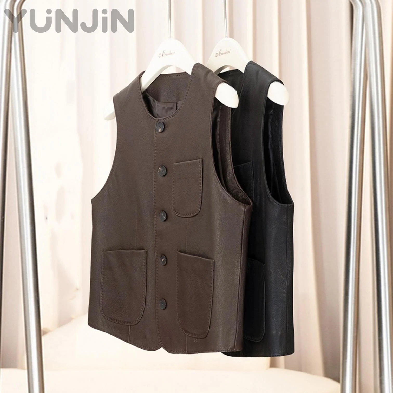 Vintage Women's O-neck Genuine Leather Vest Natural Sheepskin