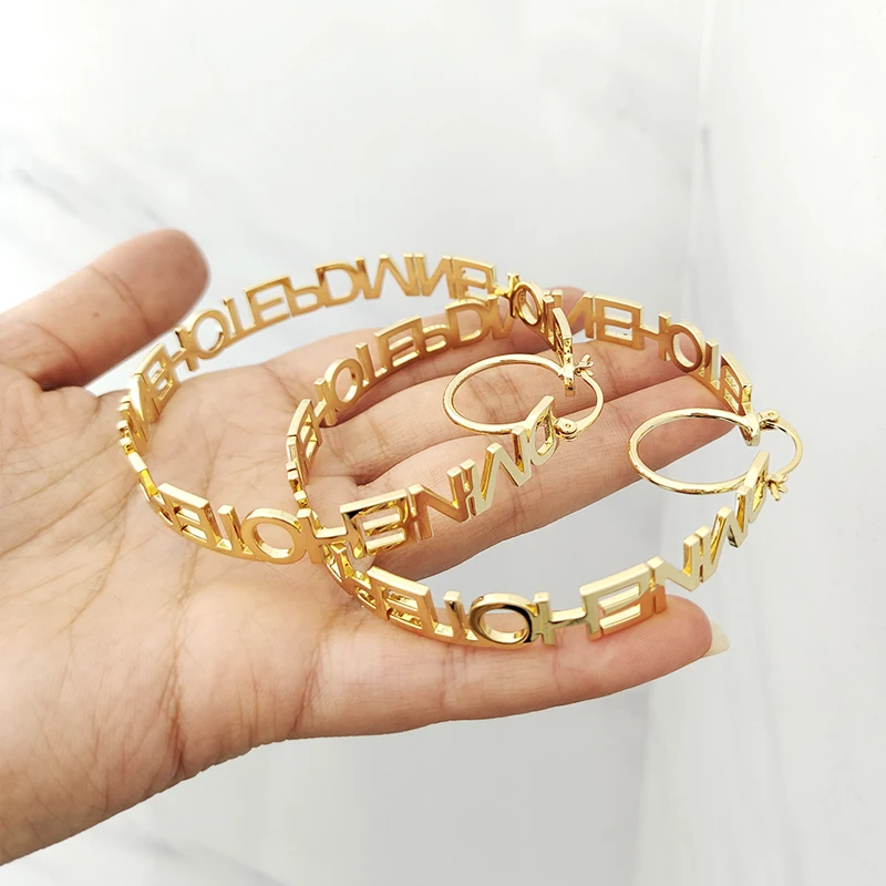 Custom Name Hoop Earring 18K Gold Stainless Steel Personalized Fashion Women Nameplate Alphabet Letter Big Circle Large Earrings