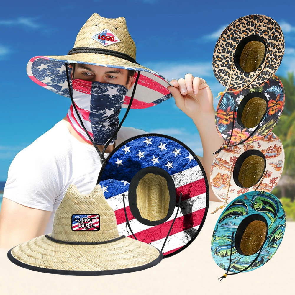 Wholesale Summer Unisex Adults Wide Brim Lifeguard Straw Hat Grass American  Flag Bulk Straw Hat Blank Custom Patch Logo Natural