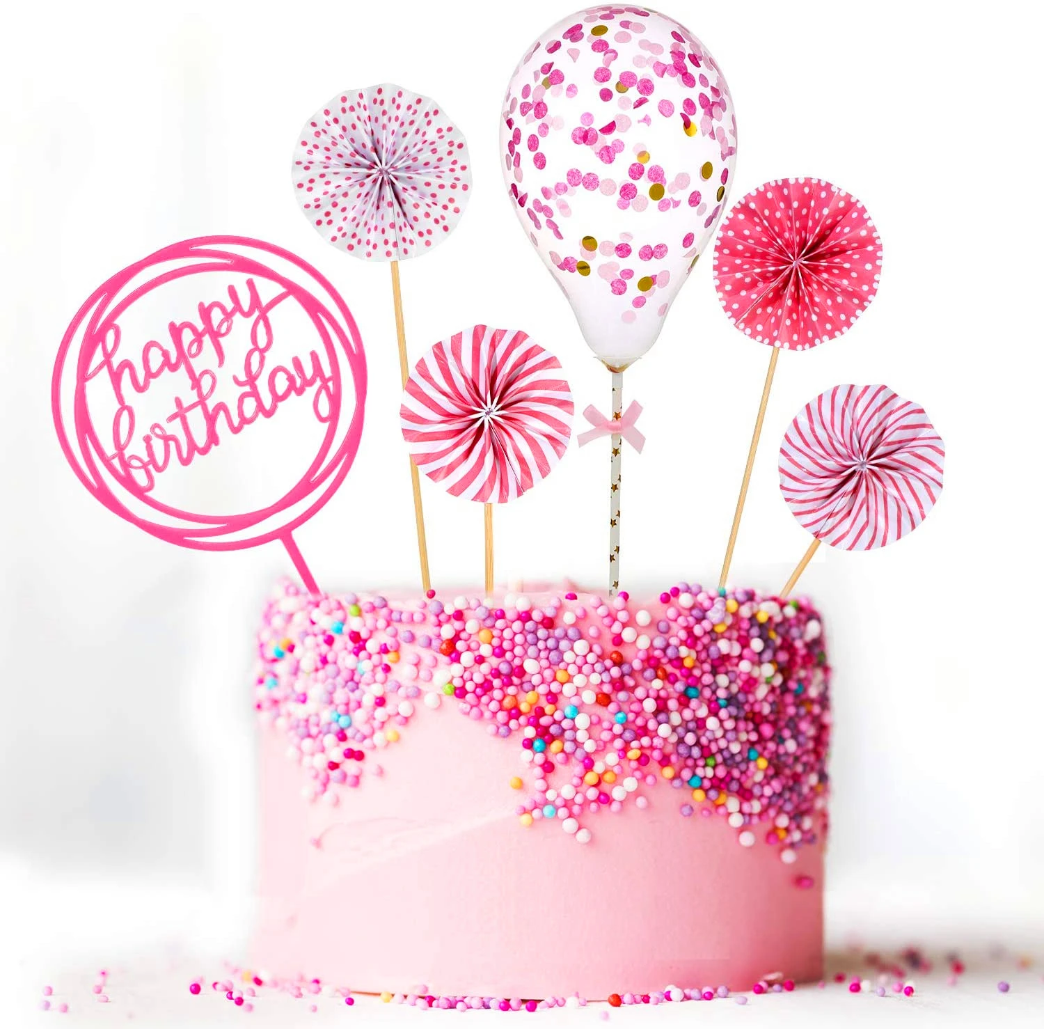 Happy Birthday Kuchenaufsätze – 6-teiliges Set In Gold Mit Acryl-Topper, Fächern Und Konfetti-Ballon