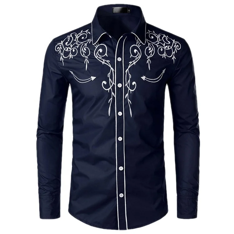 Heren Wit Geborduurde Shirts Bloemen Western Top Amerikaanse