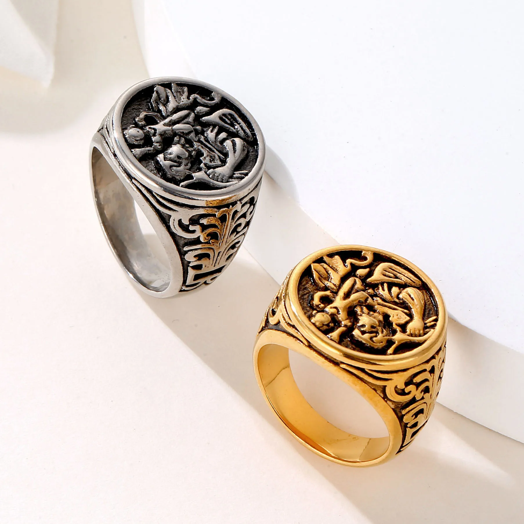 6 Anelli Uomo Stile Vintage Gotico - In Rame Con Design Angelo E Punk - Foto 3