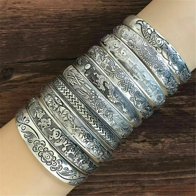 SENFAI Vintage Carved Tibet Silver Style Bangle Bracelet With Simulated Gemstone | 8 Inch Adjustable For Women & Girls
