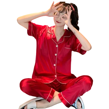 Summer Satin Pajamas Solid Color Short Sleeve Pants 2Pcs Sets Ice Silk Home Wear 5XL Autumn Korean Leisure Sleepwear For Women