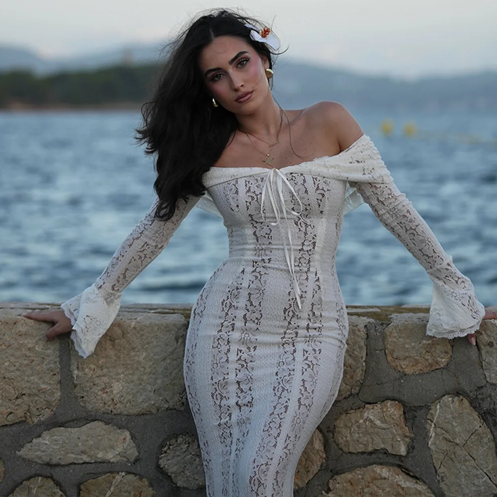 Vintage Floral Lace Off Shoulder Maxi Dress Fashion Flare Long Sleeve  Hollow Out Slim Dresses 2024 Elegant Lady Party Robe| Alibaba.com