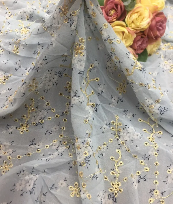 Новый старинный шифон с принтом Вышивка Кружева Тюль Оболочка ткань белая Магнолия перфорированная вышивка ткань