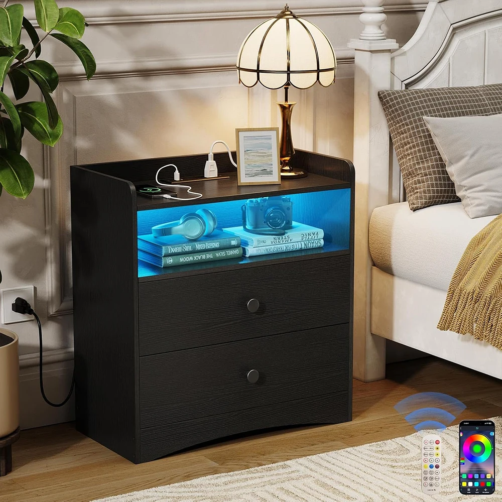 Nu-Deco Modern Wooden Nightstand Charging Station LED Light USB Ports 2 Storage Drawers Small Bedroom Dresser for Small Spaces