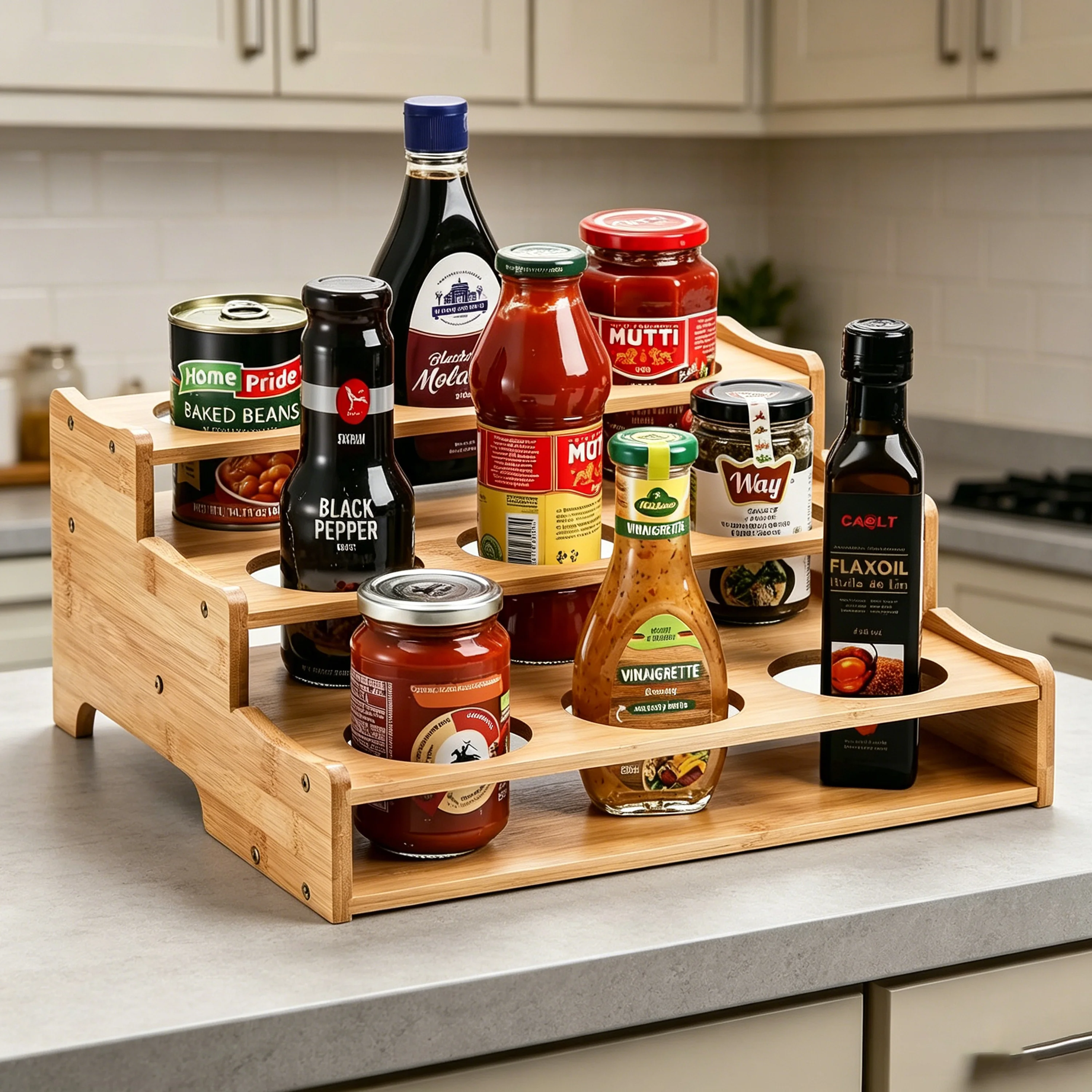 3 Tier Bamboo Spice & Wine Rack Countertop Freestanding Kitchen Organizer Eco-Friendly Multifunctional Step Storage Shelf