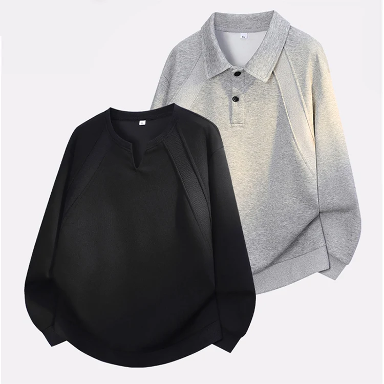 Polo & Notch V-neck sweatshirt, casual long-sleeved solid color pullover.