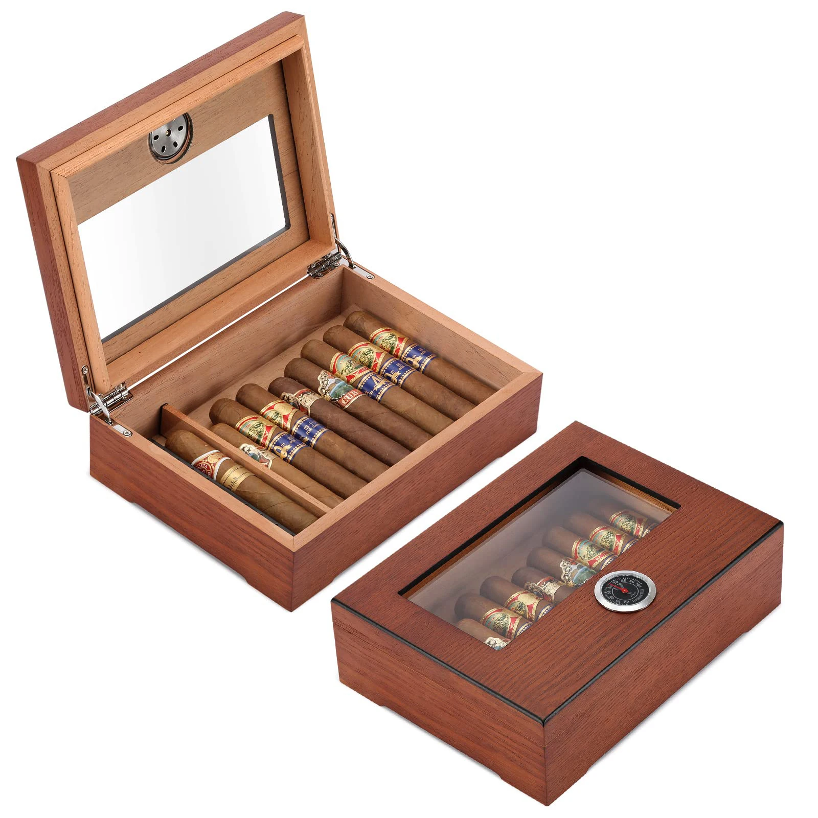 Оптовая продажа стеклянный хьюмидор для сигар деревянный ящик хранения с гигрометром увлажнителем и разделителем