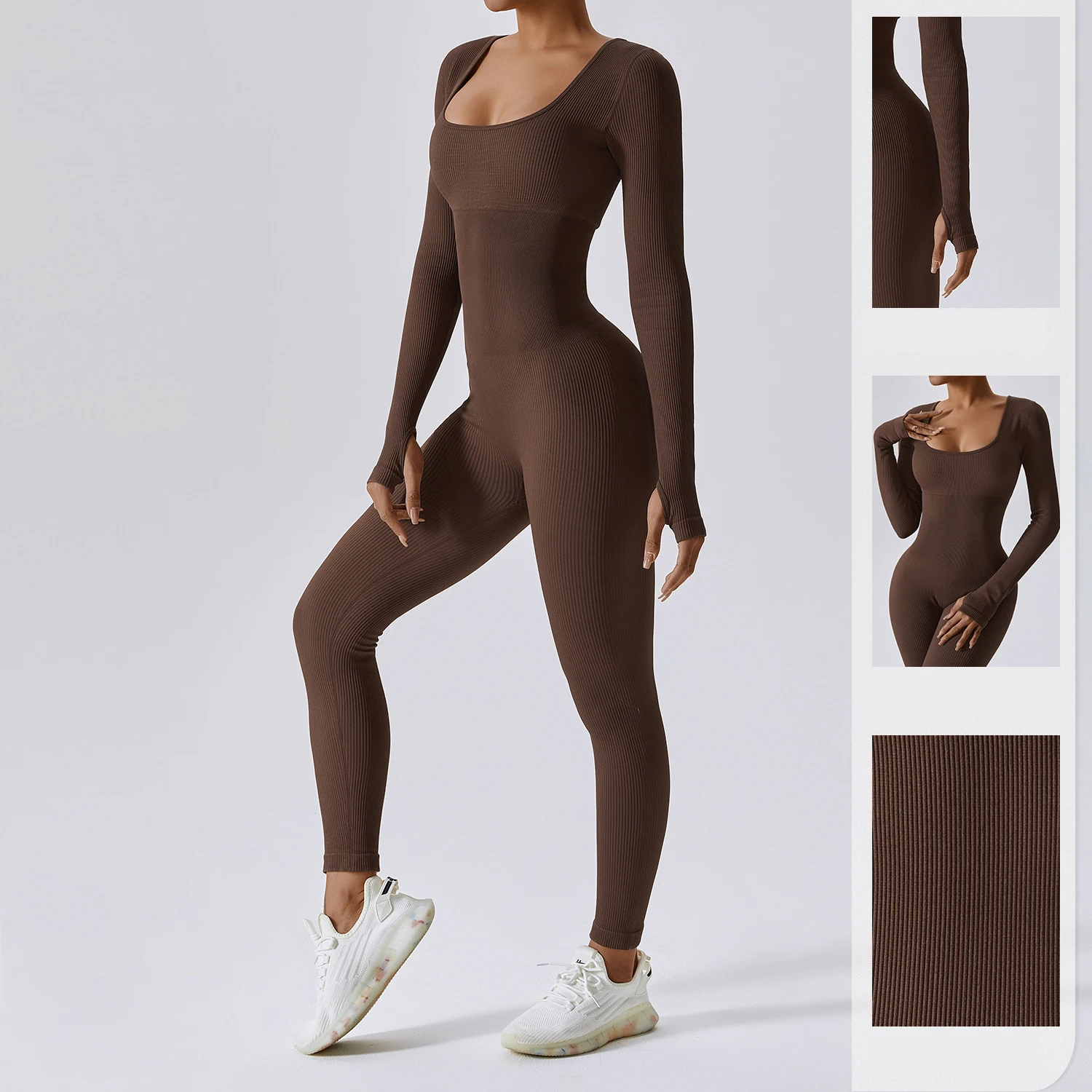 05 Custom Logo Solid Nude Color Fashion Women Outfit V Neck Casual Bodycon One Piece Long Sleeve Yoga Jumpsuit