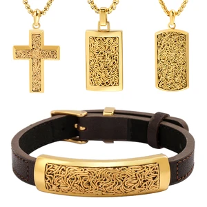 Stainless Steel Pendants Cross Necklace and Bracelets Wires Twine Designed Gold Jewelry Set