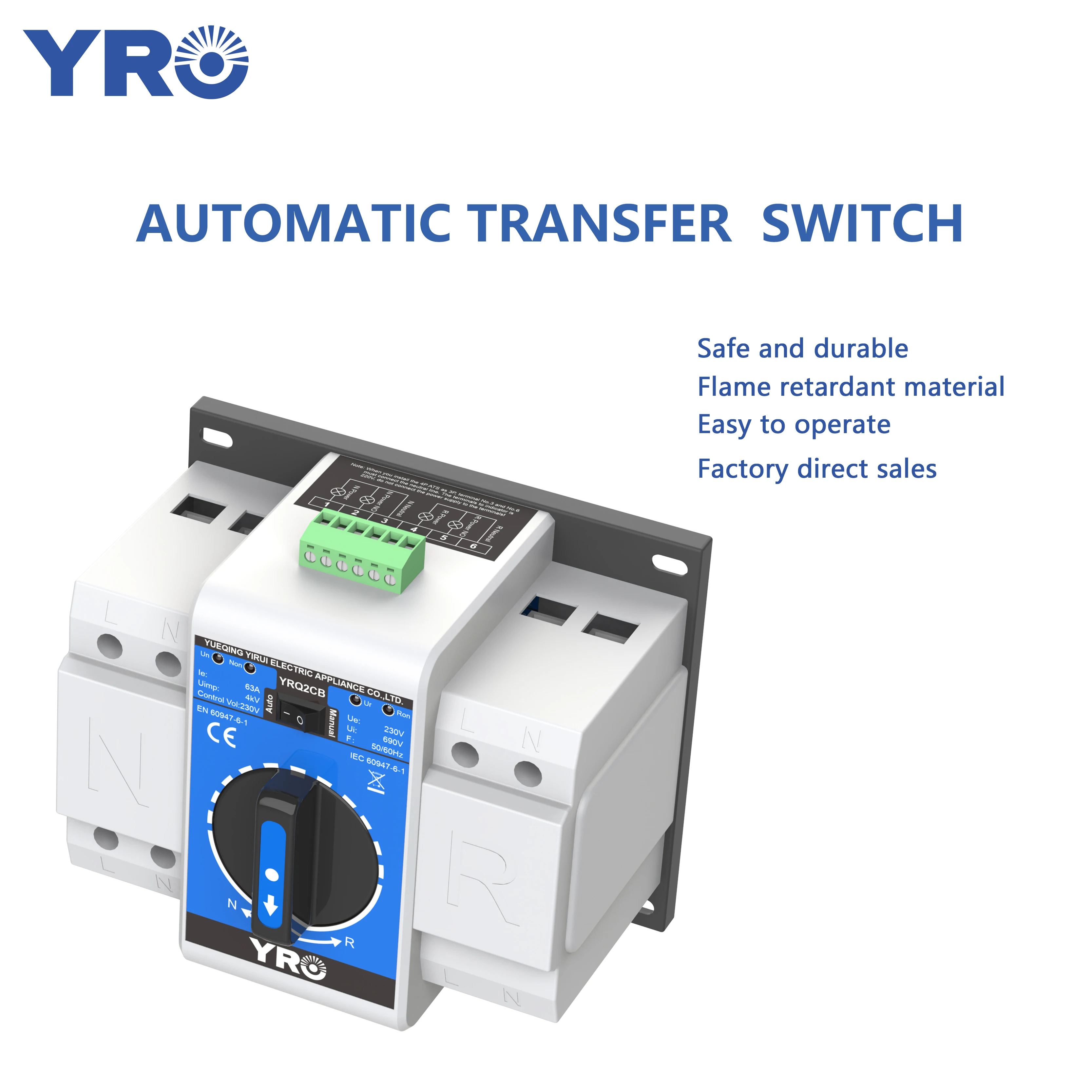 YRO Dual Power Changeover Switch 2P 63A 220V Automatic Generator Transfer Switch Controller ATS Electric Device Switch