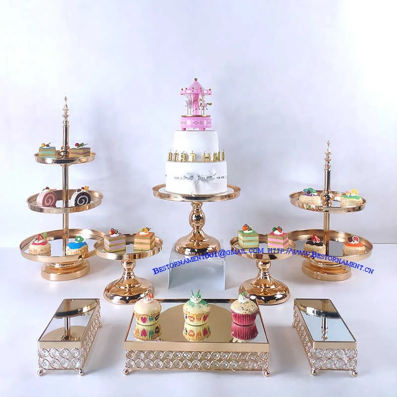 Lot De 3 Présentoirs À Gâteaux Dorés En Cristal