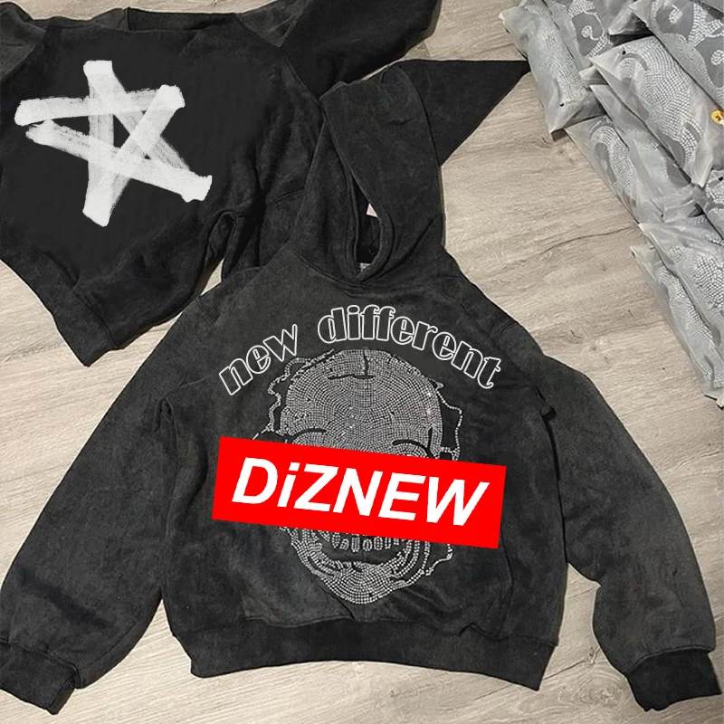 DIZNEW Low Moq Custom Puff Print Hoodies Men Streetwear Black Wash Water studded Denim Hoodie 500 Gsm