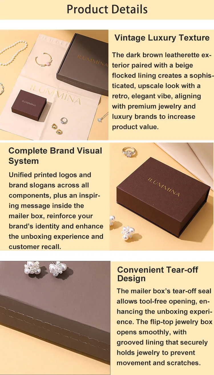 Wholesale Beige PU Leather Square Flip-top Jewelry Gift Box with Shipping Bag Custom Logo Packaging for Rings Earrings Necklaces supplier
