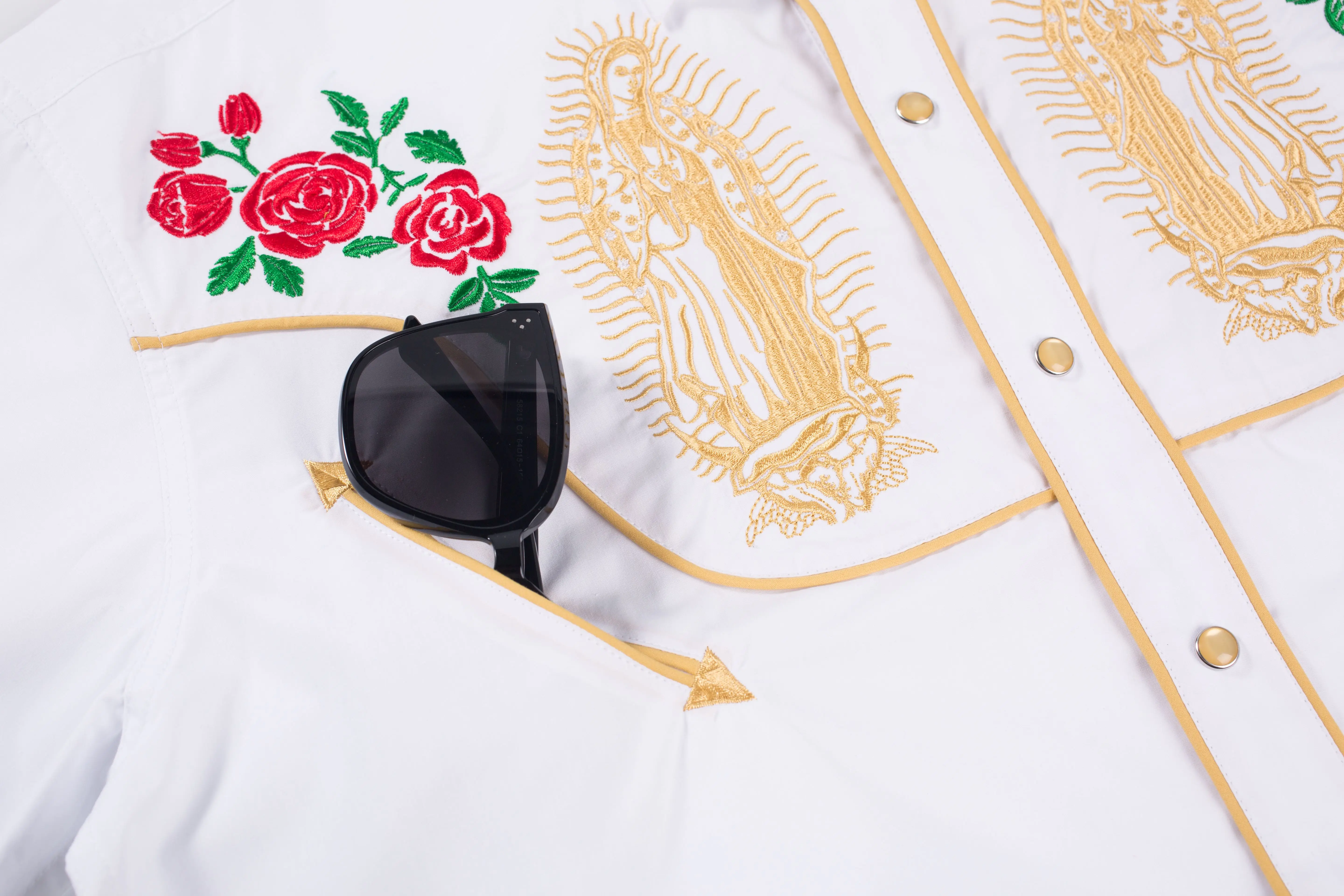 Herren-Langarmhemd mit Druckknopfverschluss „Lady of Guadalupe“-Stickerei im Westernstil908_voghion.com