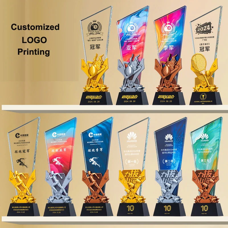 Hot Sale Custom Logo Sports Badminton Soccer Basketball Crystal Glass Resin Trophy Award Figurine Painted Technique details