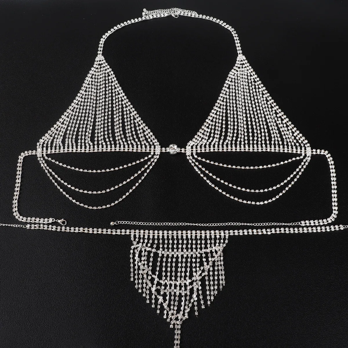 Rhinestone Fringe Bra Panties Nightclub Bikini Waist Belt Belly Chain Body Jewelry Bikini Body