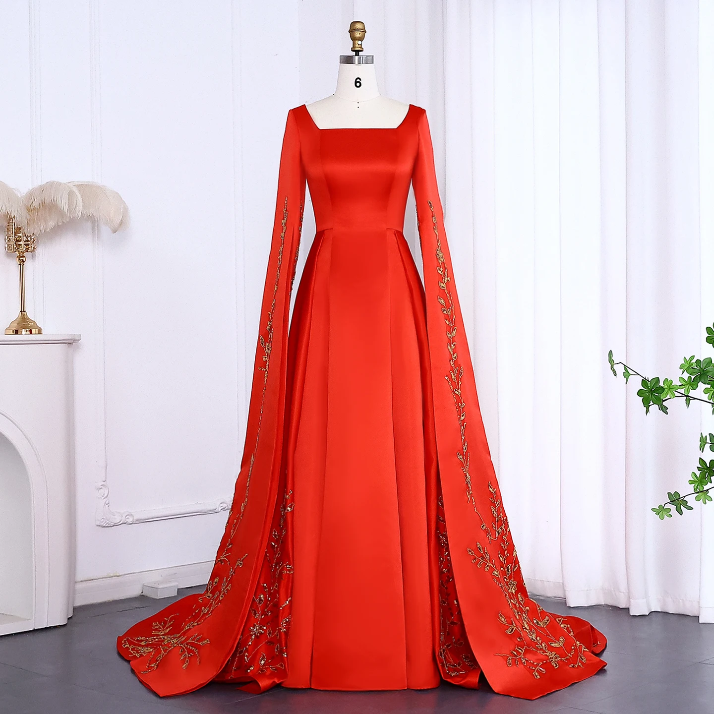 Sharon Said SS568 Elegant Red Evening Dress with Golden Floral Embroidery  Cape Sleeves Engagement Party for Wedding