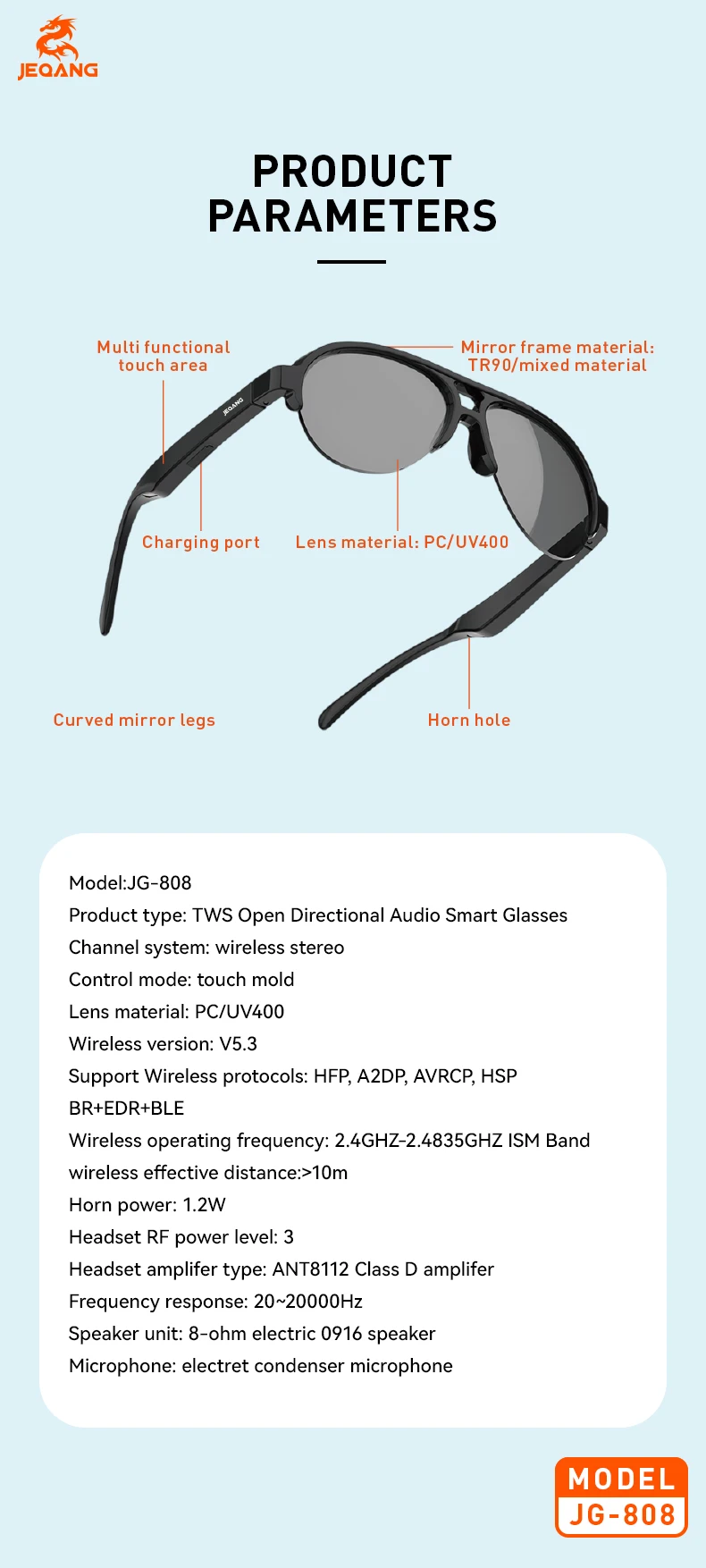 Jeqang-808 Smart Glasses New Release Intelligent Audio Harmful Light Blocking Clearer Field View IPX4 Waterproof Clearer Field