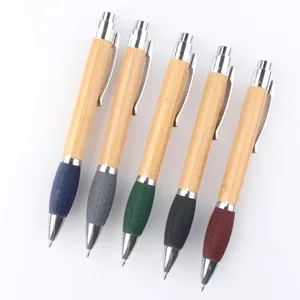 Wholesale Promotional Custom Logo Bamboo Ballpoint Pen With Color Rubber Metal Clip Printing Laser Advertising for Stationery