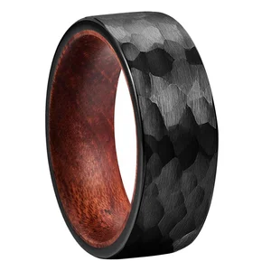 Coolstyle Jewelry Wholesale 8mm Natural Wood Insert Hammered Black Tungsten Ring for Men Women Fashion Engagement Wedding Band