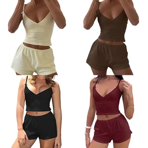 Summer Collection Women's Casual Solid Color V-neck Bowknot Strap Tank Top Sleepwear Fitted Comfortable Breathable Loungewear