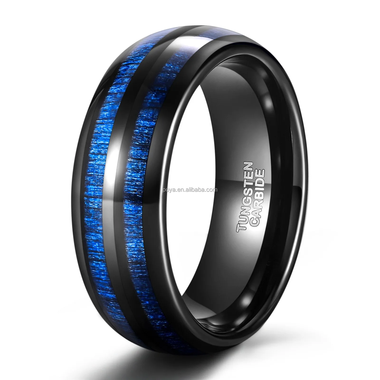 POYA Dual Channel Domed Black Blue Wedding Band Maple Wood Inlay