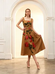 Bettergirl Spring 2026 New Floral Yellow Long Dress French High Waist Holiday Casual Dress