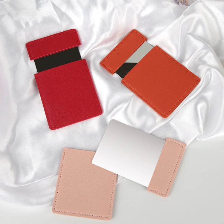 Custom Your Logo Personalised Unbreakable PU Leather Small Stainless Steel Compact Pocket Mirror for Purse Women Men