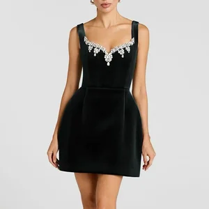 Factory Wholesale Vintage Polyester Mini Dress V-Neck Summer Spaghetti Strap Luxury Diamonds High Waist Elegant Party Dress