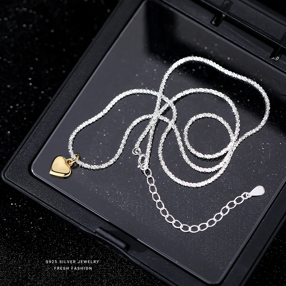 Trending Two Tone Color Plating Necklace Jewelry 925 Sterling Silver Shine Chain Heart Pendant Necklace for Women